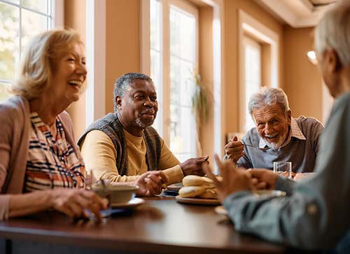 Group of elderly people eating lunch around a table.